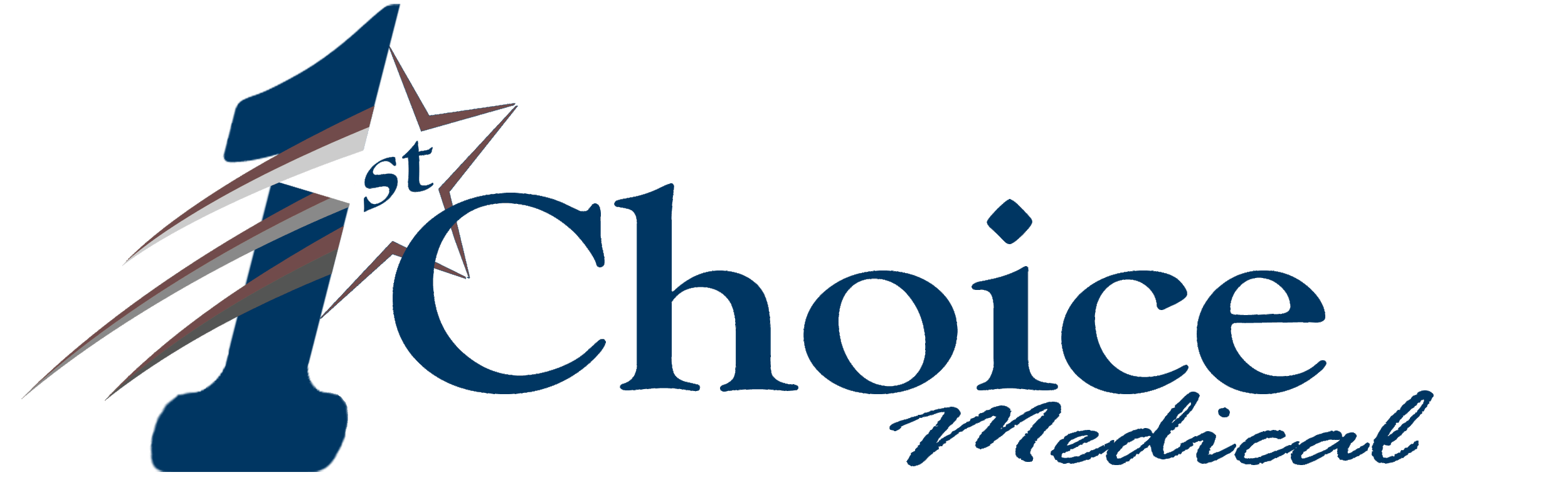 Logo for 1st Choice Medical featuring a stylized blue star with three streaks and the text '1st Choice Medical' in blue.