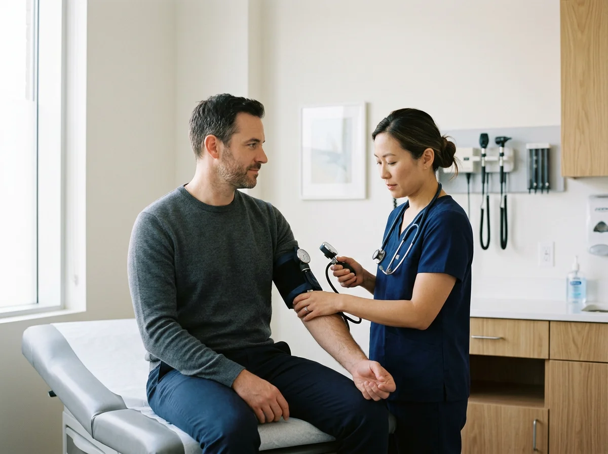A healthcare professional checking a patient's blood pressure in a medical room.