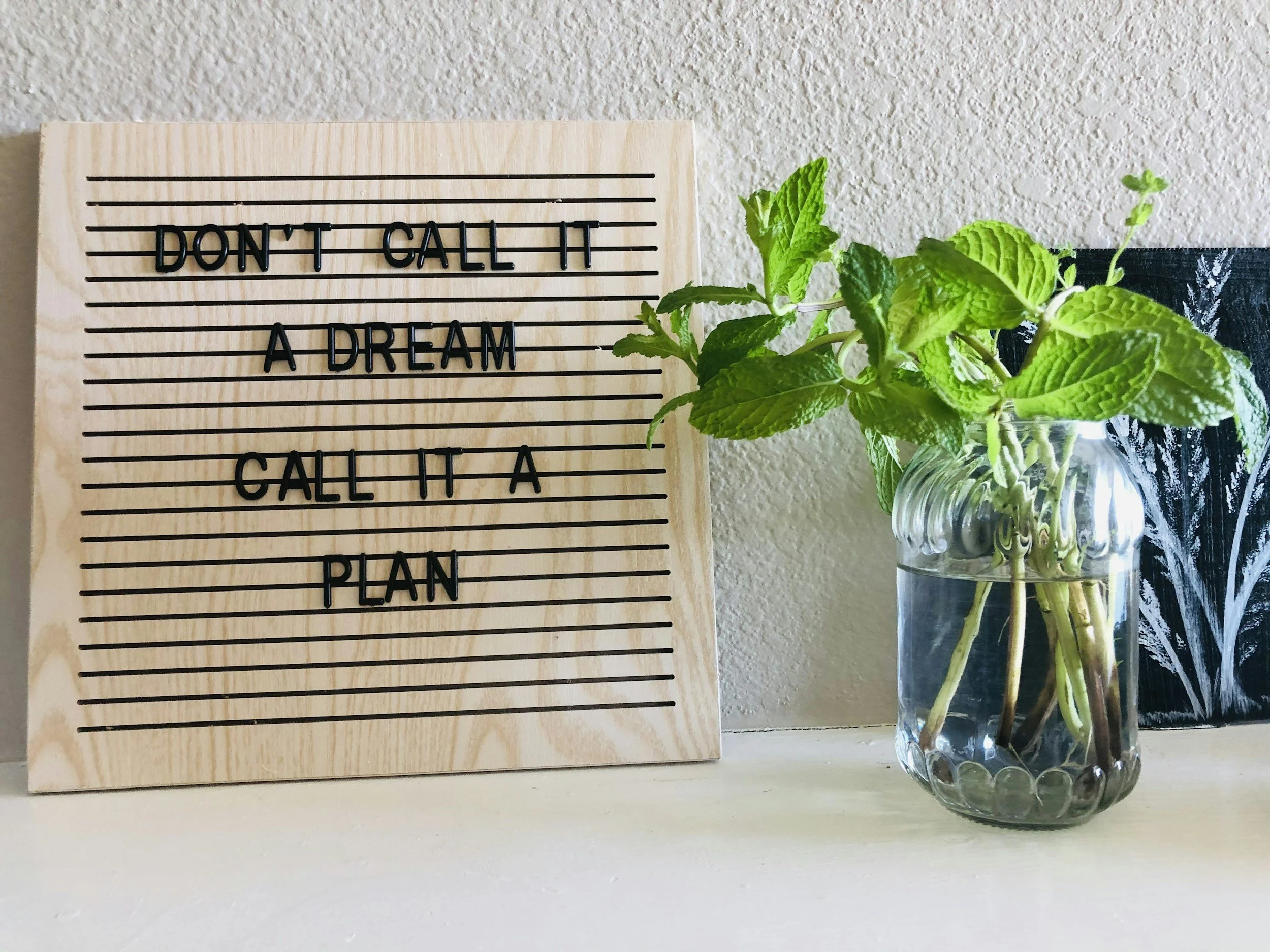 A light wooden letter board with black plastic letters displaying the message 'DON'T CALL IT A DREAM CALL IT A' next to a glass jar of fresh green mint leaves, placed on a light-colored shelf or table against a textured off-white wall.