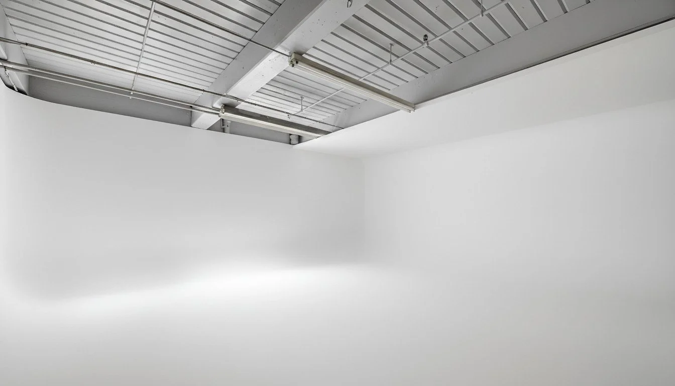Empty white gallery or studio space with a smooth floor, white walls, and an exposed ceiling with industrial lighting and metal beams.