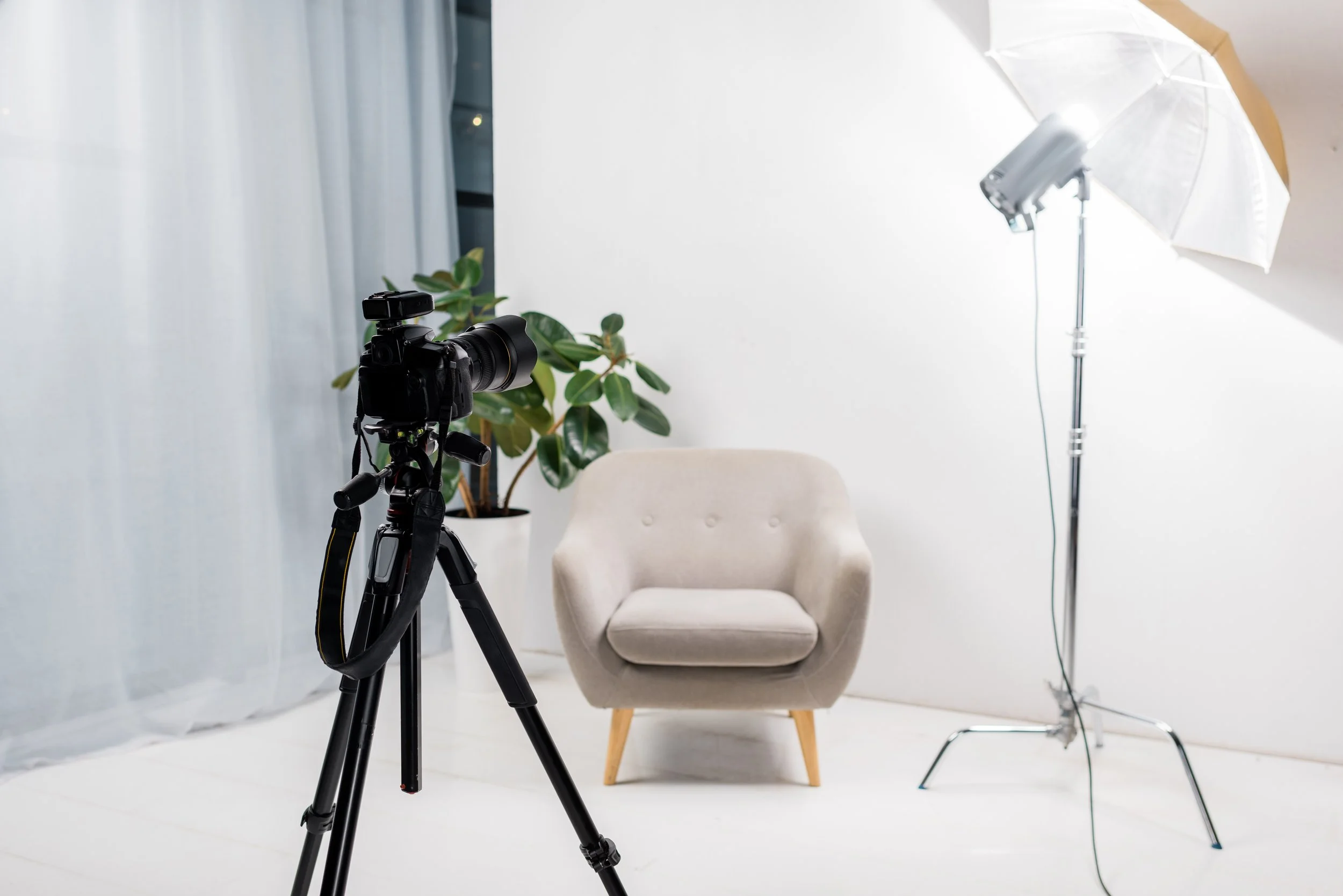 Photography studio setup with a DSLR camera on a tripod aimed at a beige armchair, a potted green plant, a white umbrella light, and a light stand, all against a white background with curtains.