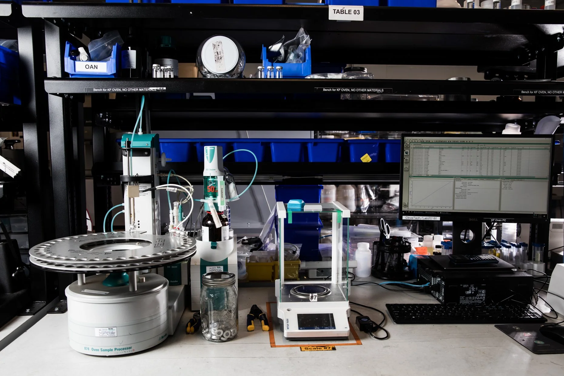 Laboratory workstation with scientific instruments, a computer monitor displaying data, and various laboratory supplies, labeled as Table 03.