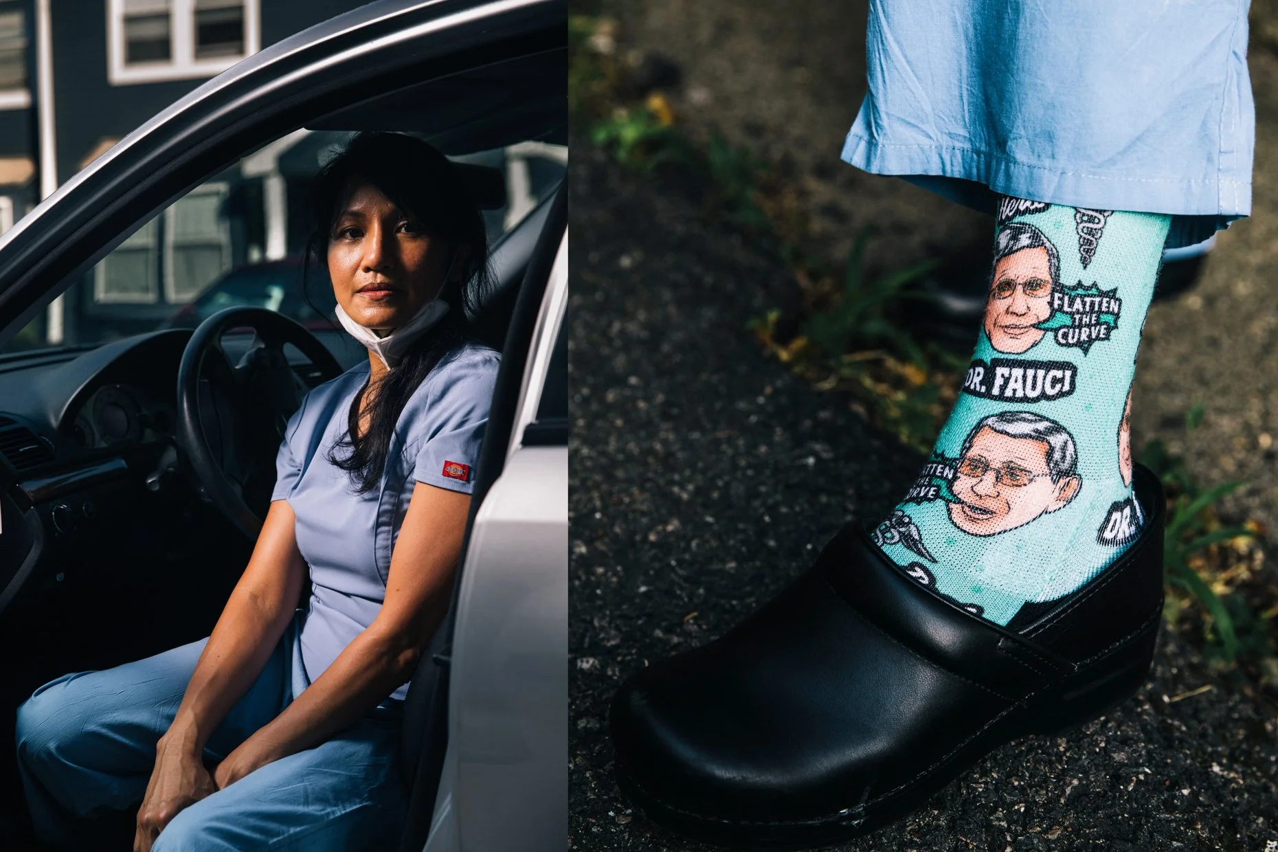 A woman is sitting in a car wearing a medical uniform, with her face visible and a mask hanging below her chin. Next to the car, a person is wearing a sock featuring a cartoon image of Dr. Fauci with the phrase 'Flatten the Curve' and a pair of black