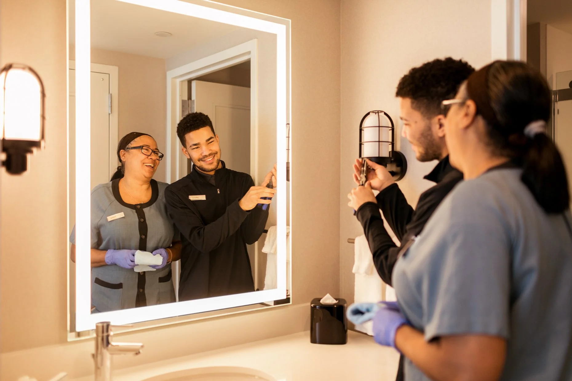Two women and a man smiling in front of a bathroom mirror. The women are wearing work uniforms and purple gloves. The man is holding a tool and appears to be repairing or fixing something.