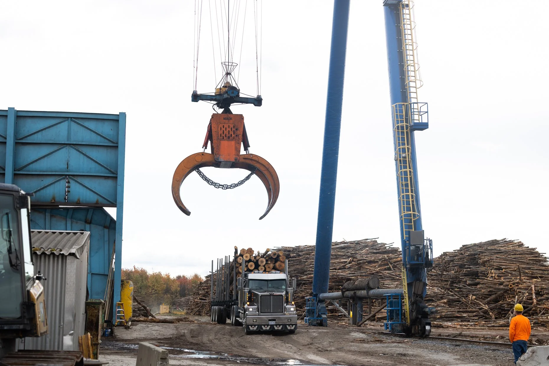 Logging yard with a crane lifting logs, large trucks, logs piled on the ground, and workers in safety gear.