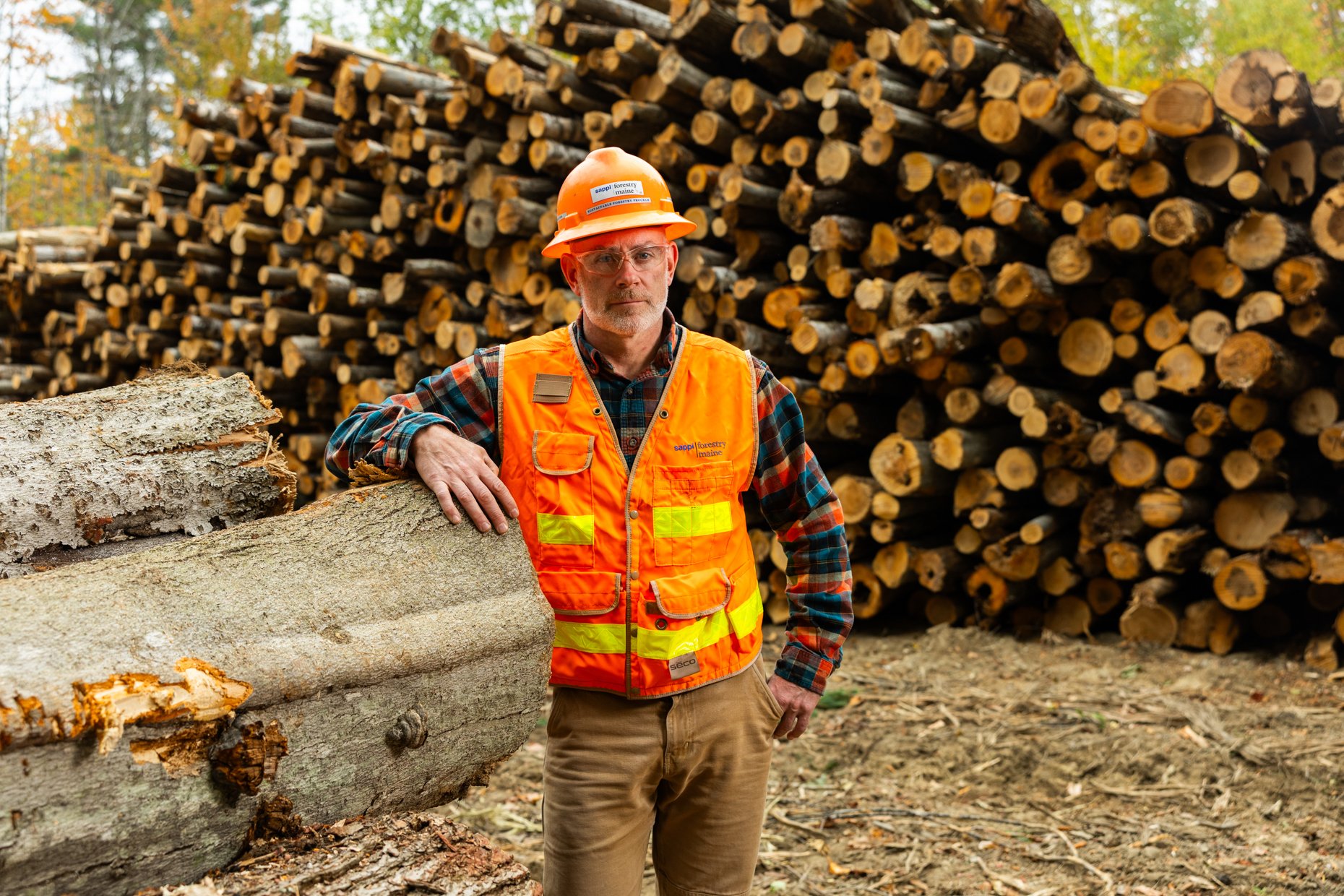 A man wearing an orange safety vest and hard hat stands beside a fallen log in a forest log yard, with a large stack of cut logs behind him.