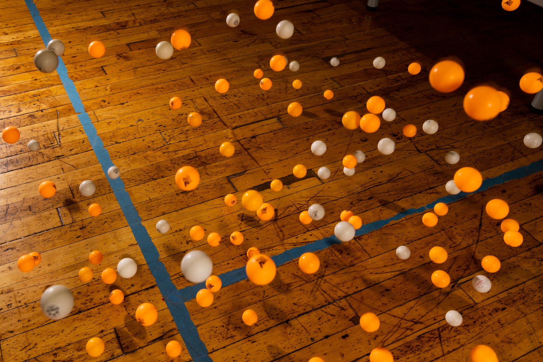 A wooden gymnasium floor with orange and white ping pong balls scattered across the surface, some near the blue court lines.