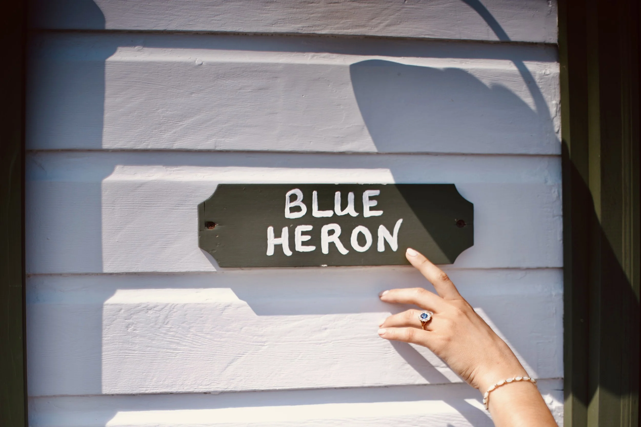 Close-up of a hand pointing at a sign that reads 'Blue Heron' in white letters on a green wooden sign, mounted on a white wooden wall.