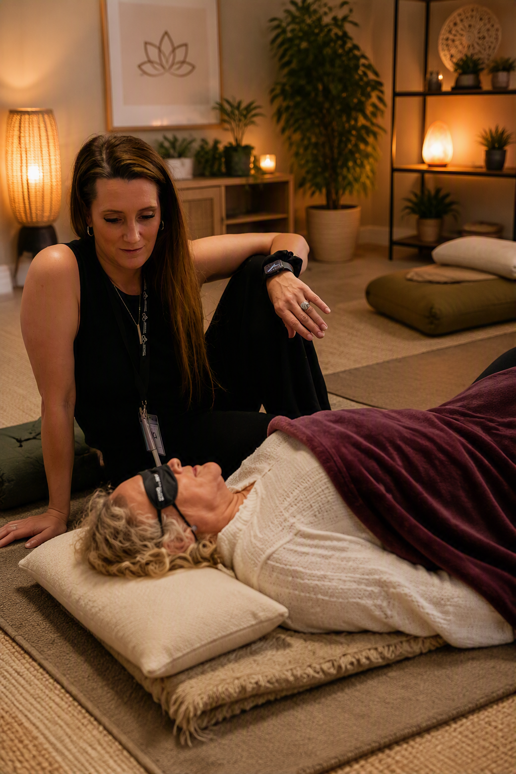 A woman with long brown hair and wearing black clothing is doing reiki on an elderly woman lying on the floor with her eyes covered by a sleep mask, in a cozy, dimly lit room decorated with plants and soft lighting.