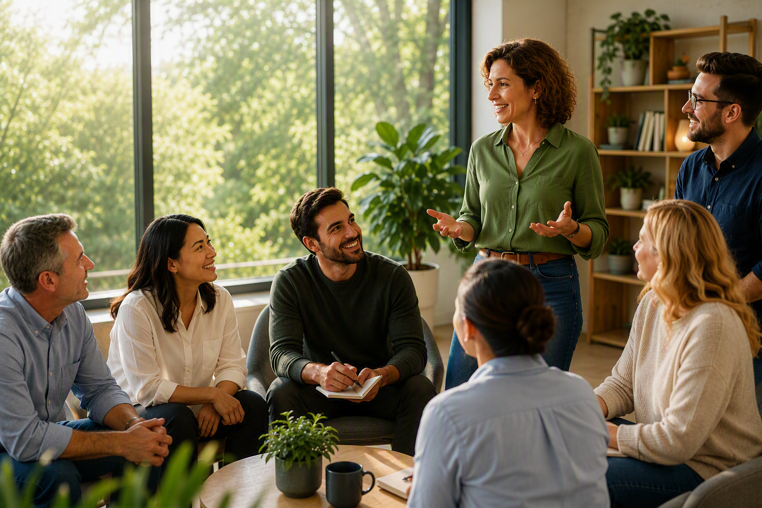 A woman standing and speaking to a group of six people sitting around a table in a bright, modern office with large windows and green plants.