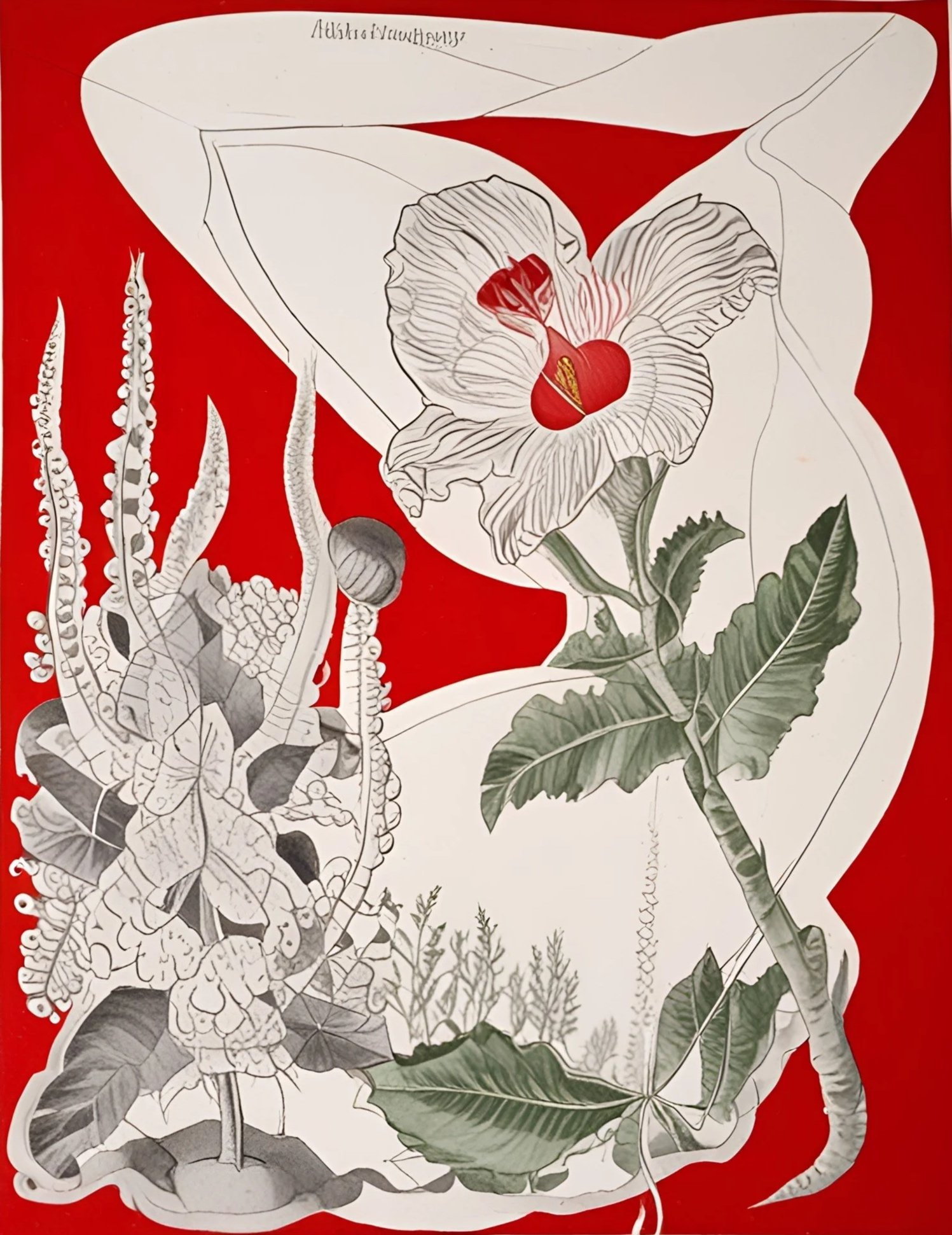 A botanical illustration featuring various plants and flowers on a red background, with detailed sketches and some colored elements, including a prominent flower with a red center and a yellow pistil.
