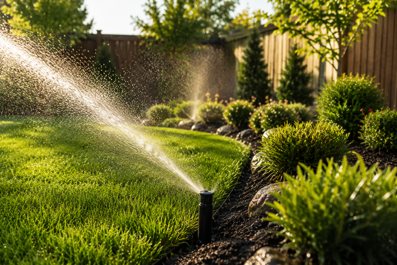 Sprinkler watering a lush green lawn in a backyard garden with shrubs and trees, wooden fence in the background, bathed in sunlight.