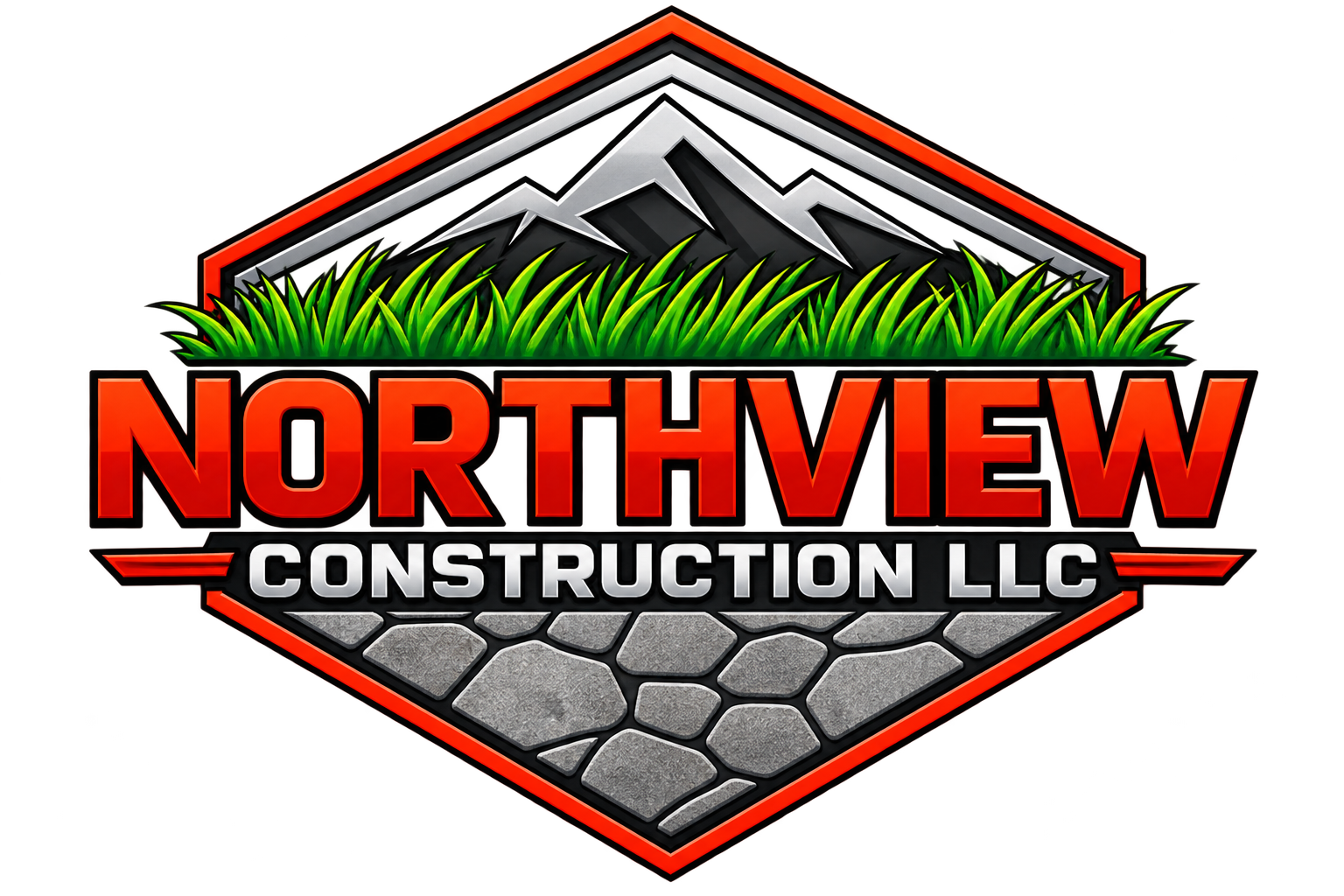 Logo for Northview Construction LLC featuring a mountain, green grass, a stone pathway, and bold red and gray text.