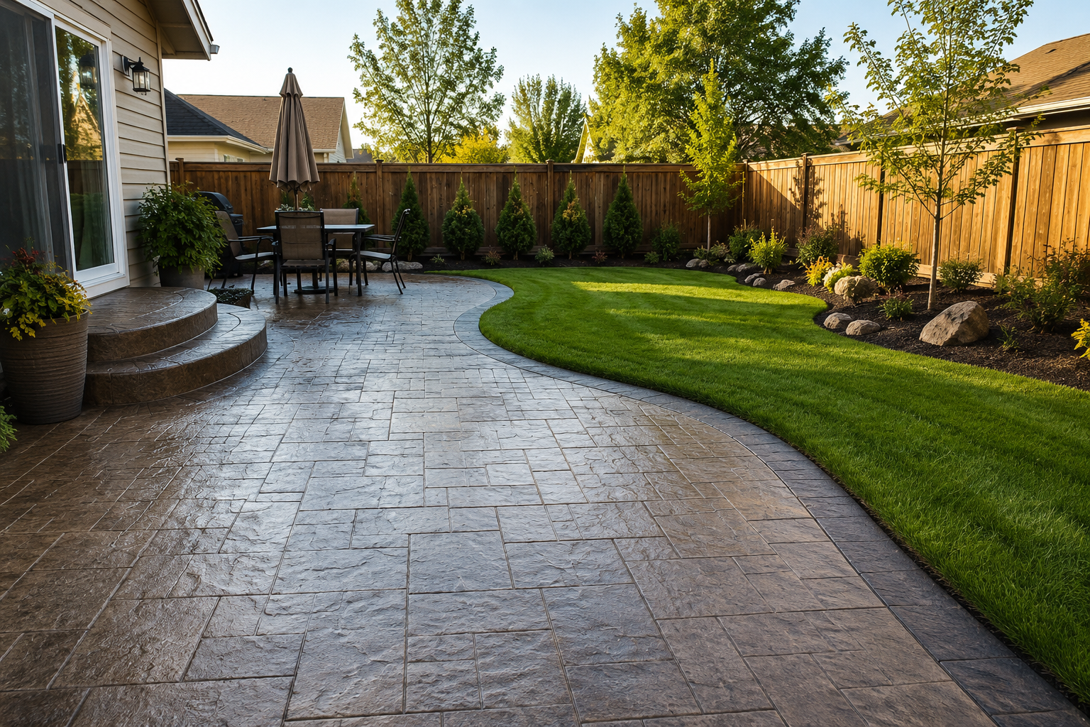 Backyard patio area with stone pavers, a table with chairs and an umbrella, landscaped garden with shrubs, small trees, and rocks, and a wooden fence.