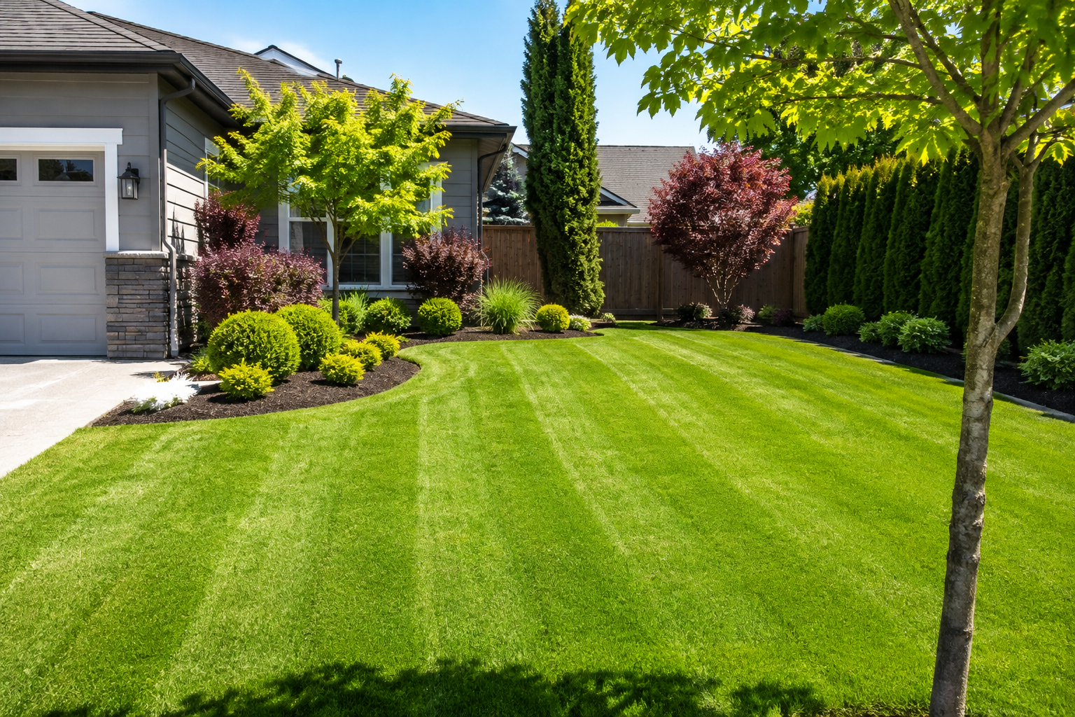 A well-maintained backyard with a lush, green lawn, surrounded by various trees and bushes, and a house with a garage on the left.