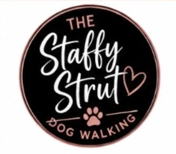 Logo for The Staffy Strut Dog Walking, featuring a black circular background with white and pink text, a pink paw print, and a heart.