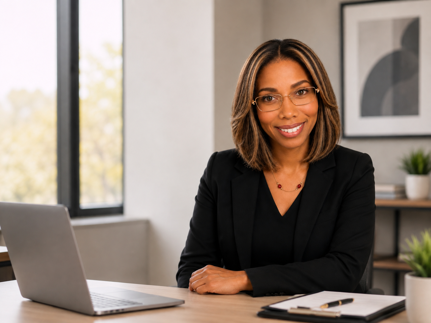 A professional woman sitting at a desk with a laptop and a notepad, smiling, in a modern office with large windows and artwork on the wall.