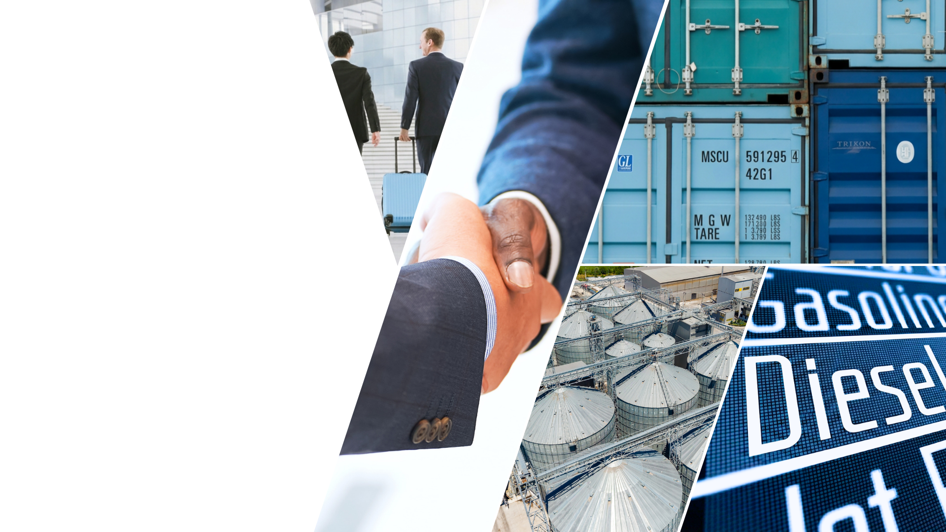 Collage of images including businesspeople shaking hands, a handshake between two individuals in suits, shipping containers, an industrial facility with storage tanks, and digital text related to oil and gas.