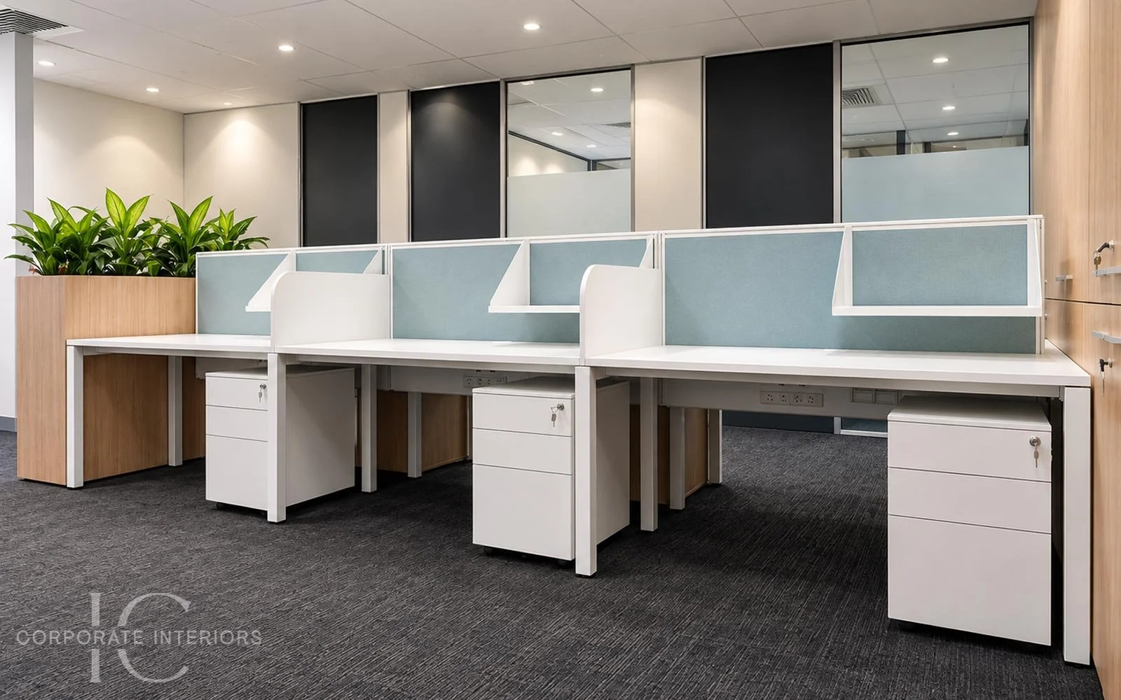 50mm desk partitions with workstation shelving in a Melbourne office