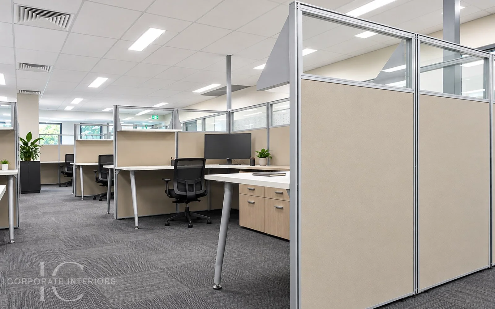 50mm workstation partition screens creating defined work areas in a Melbourne office