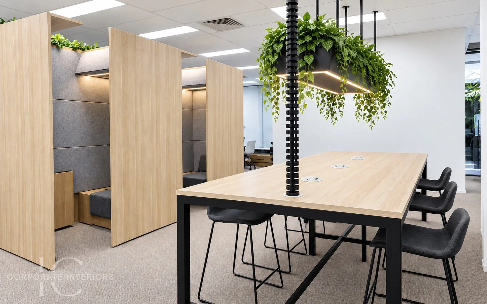 Communal workstation bench with integrated power, suspended ceiling planter and acoustic booths in a Forest Hill office.