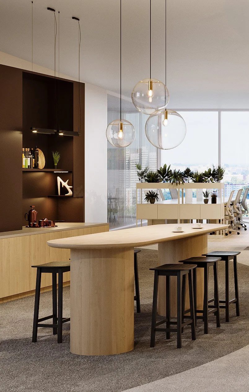 Modern office space with a wooden table, black stools, hanging pendant lights, a built-in shelf with decor, and windows with city views.