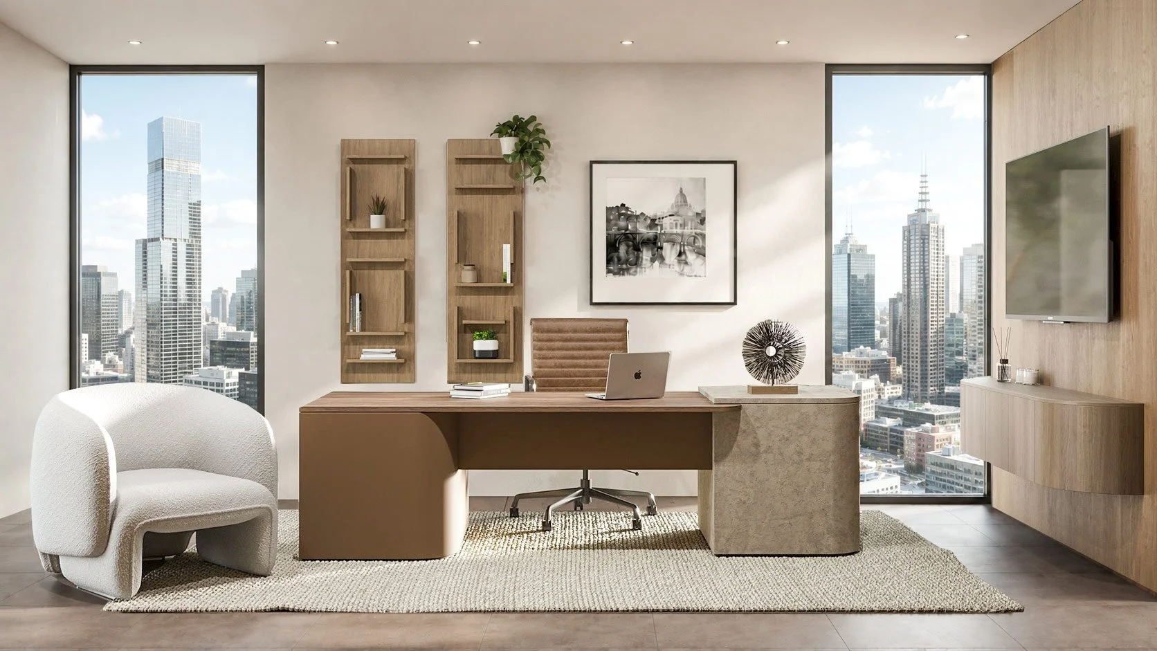 Modern office with large windows showing city skyline, wooden desk with a laptop and books, plush white armchair, wall-mounted shelves, framed black-and-white cityscape photo, decorative sculpture, and a wall-mounted TV.