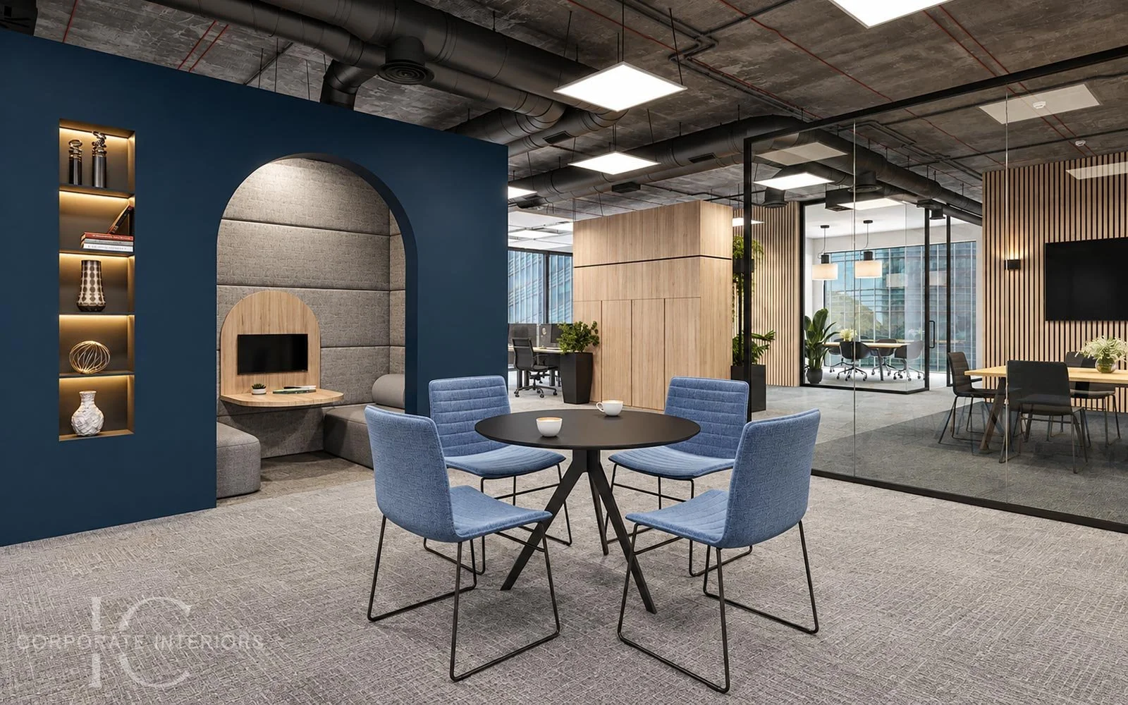 Concept office with acoustic seating, collaborative furniture and glazed meeting rooms