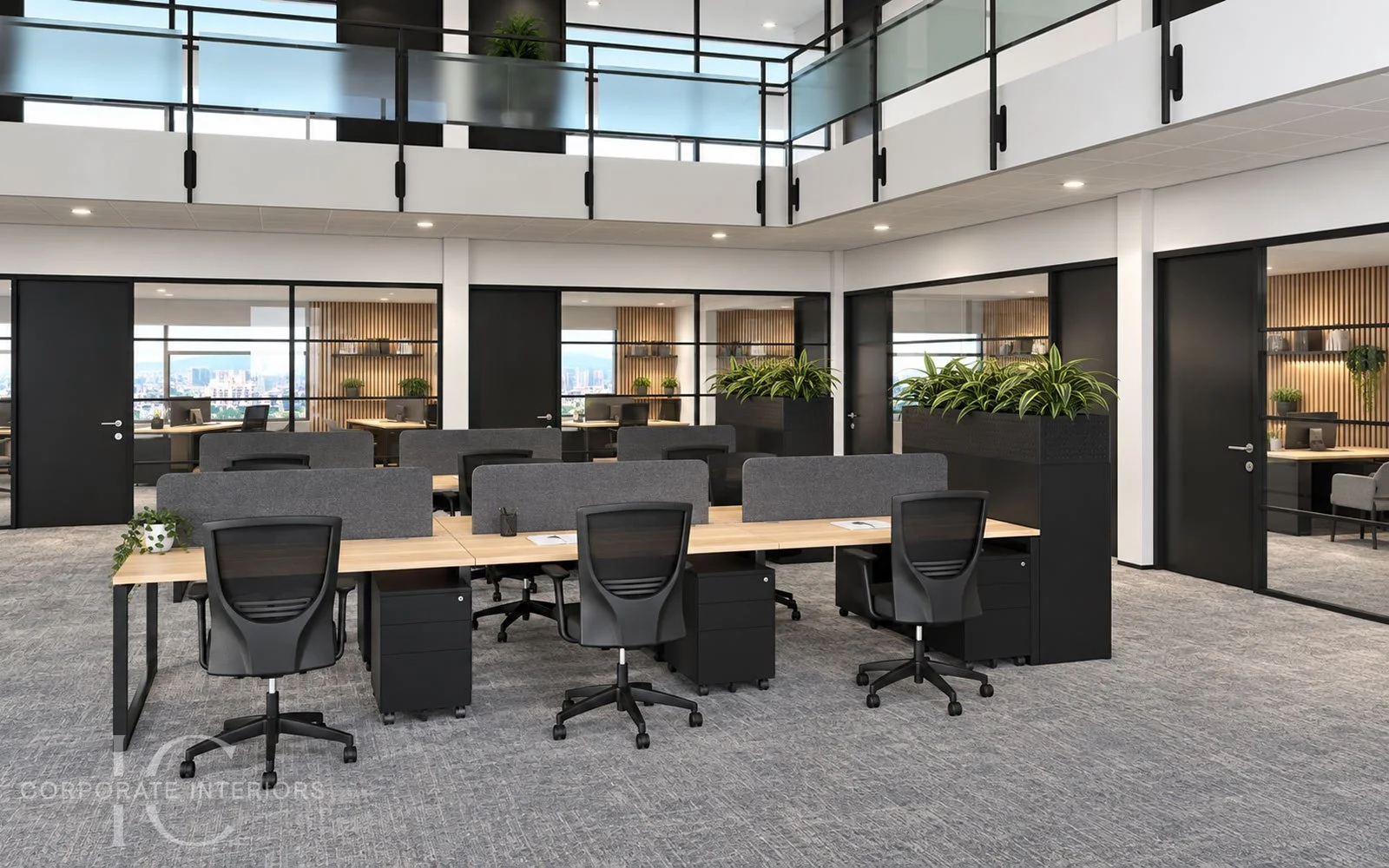 Open plan workstations with private offices, glazed partitions and circulation areas in a commercial office layout