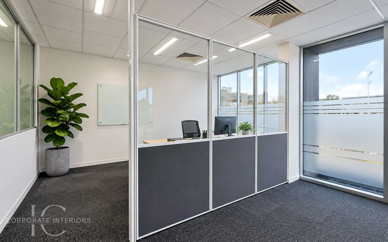 50mm office partition divider screens with glazed upper panels in a Melbourne office