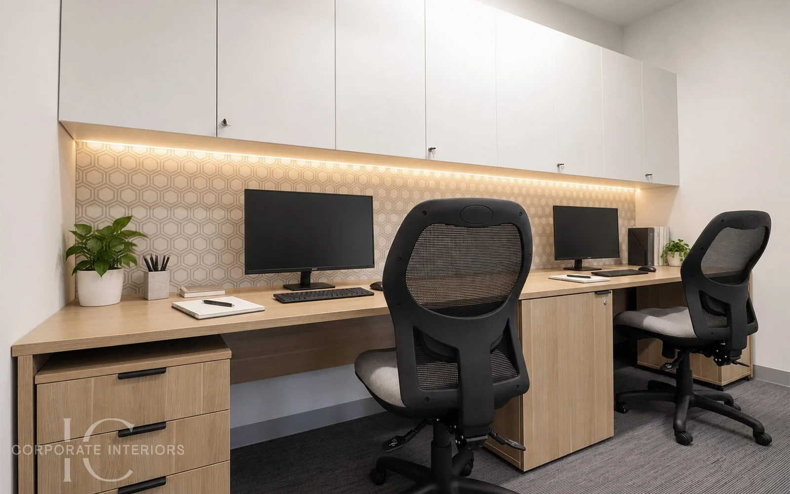 Linea office workstations with overhead storage installed for a Melbourne school office furniture fitout.
