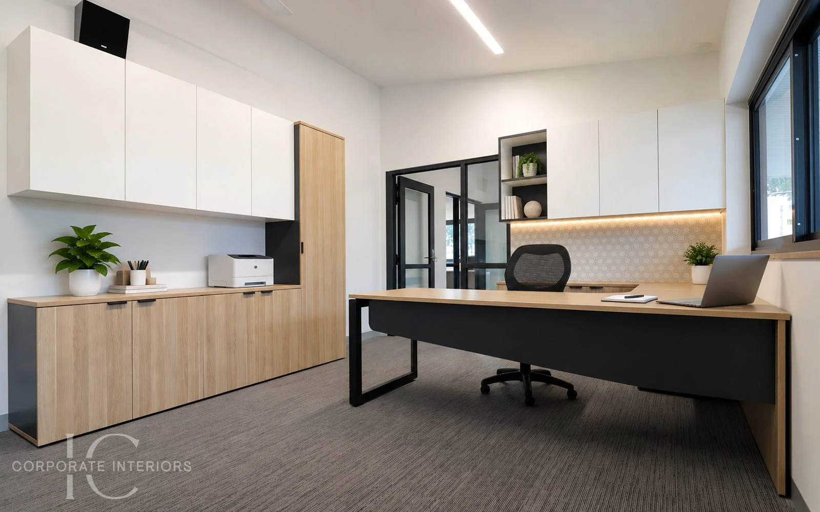 Executive office furniture with timber desk, storage and visitor seating for a Melbourne school Principal office.