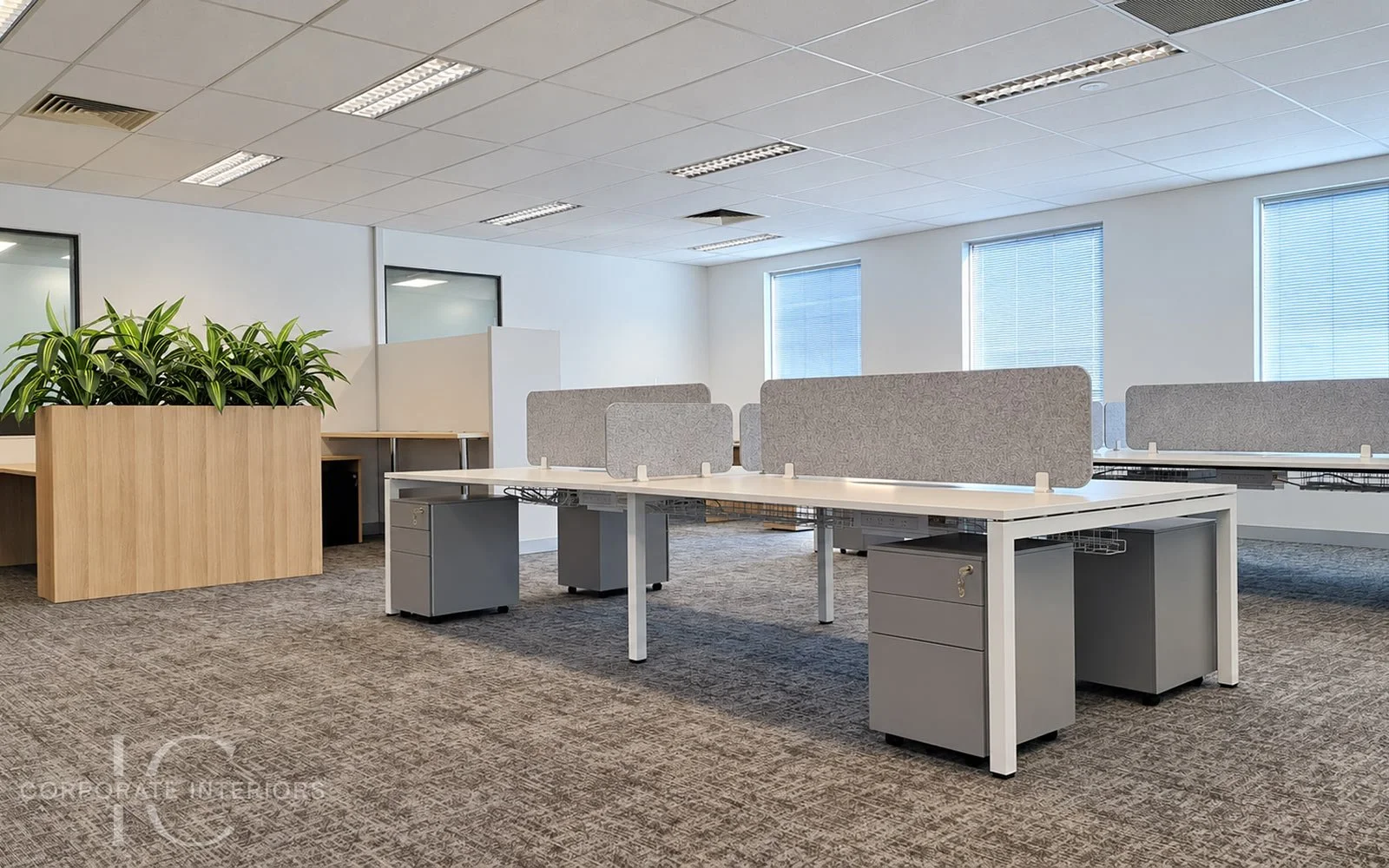 Open plan office workstations with grey acoustic desk screens, mobile pedestals and timber planter storage.