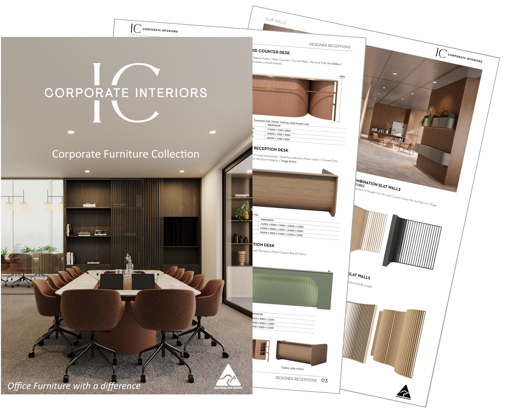 Brochure for IC Corporate Interiors featuring office furniture with round conference table and chairs, and interior design images and specifications.