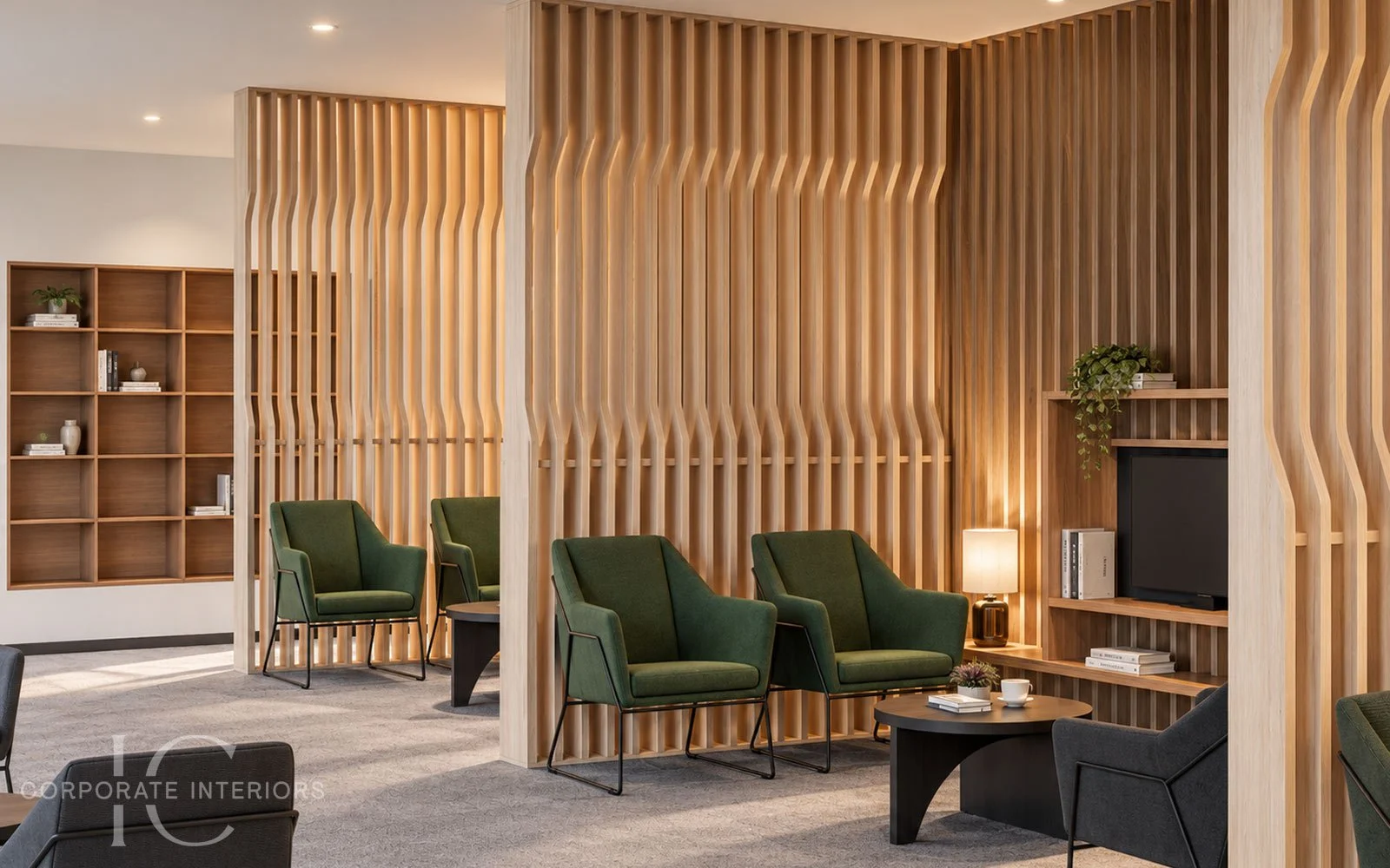 Timber slat office dividers creating defined breakout and collaborative spaces