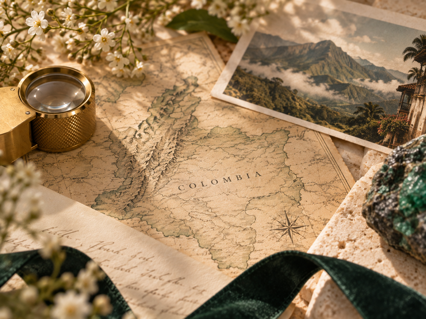 A vintage map of Colombia with a photo of a mountainous landscape nearby, a brass magnifying glass, white flowers, and a multicolored stone on a textured surface.