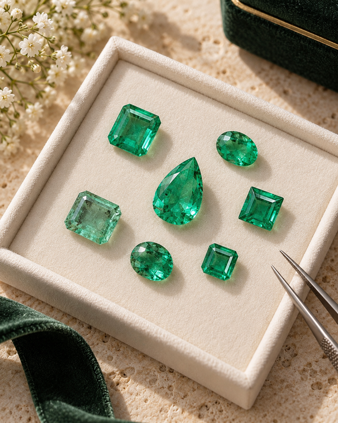 A collection of seven emerald gemstones with different cuts arranged in a display box on a beige surface. There are small white flowers and a green fabric item nearby, with precision tweezers resting on the edge of the box.