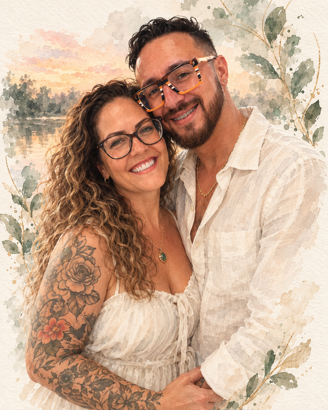 A happy couple smiling and embracing outdoors during sunset, with a water and tree background, surrounded by a leaf-themed border.