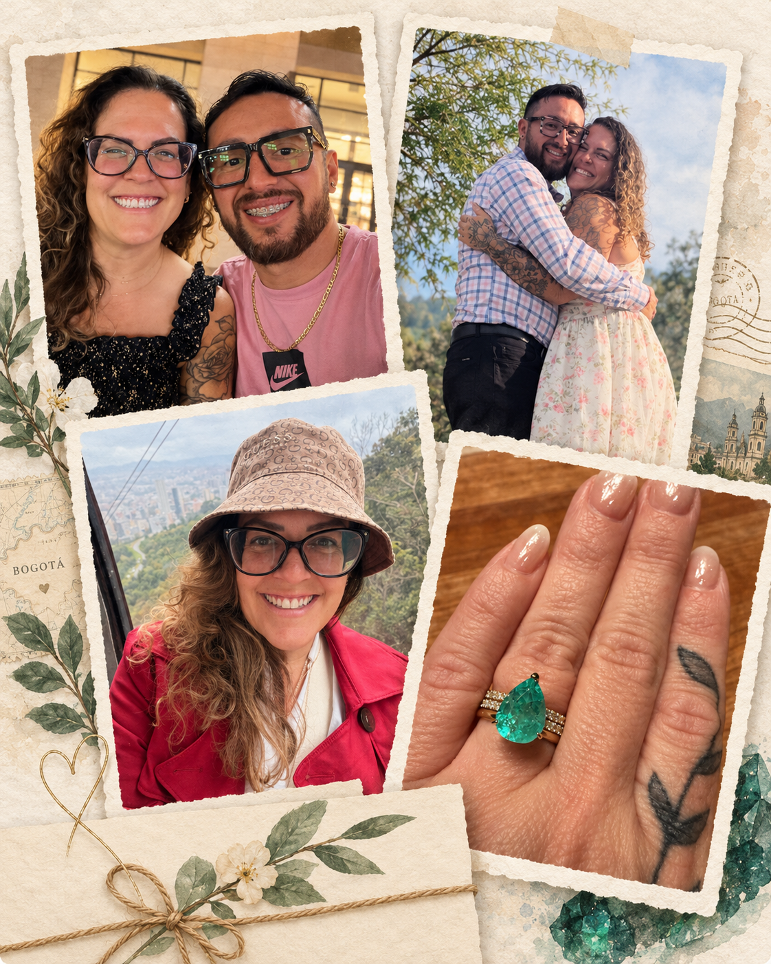 A collage of four photographs featuring a woman with curly hair and glasses. The first photo shows her smiling indoors with a man wearing glasses and a pink shirt. The second photo shows her outdoors hugging a man with a beard, both smiling. The third photo depicts her wearing a hat with a city view in the background. The fourth is a close-up of her hand showcasing an engagement ring with a large teal gemstone and surrounding diamonds, along with a tattoo of a flower on her finger.