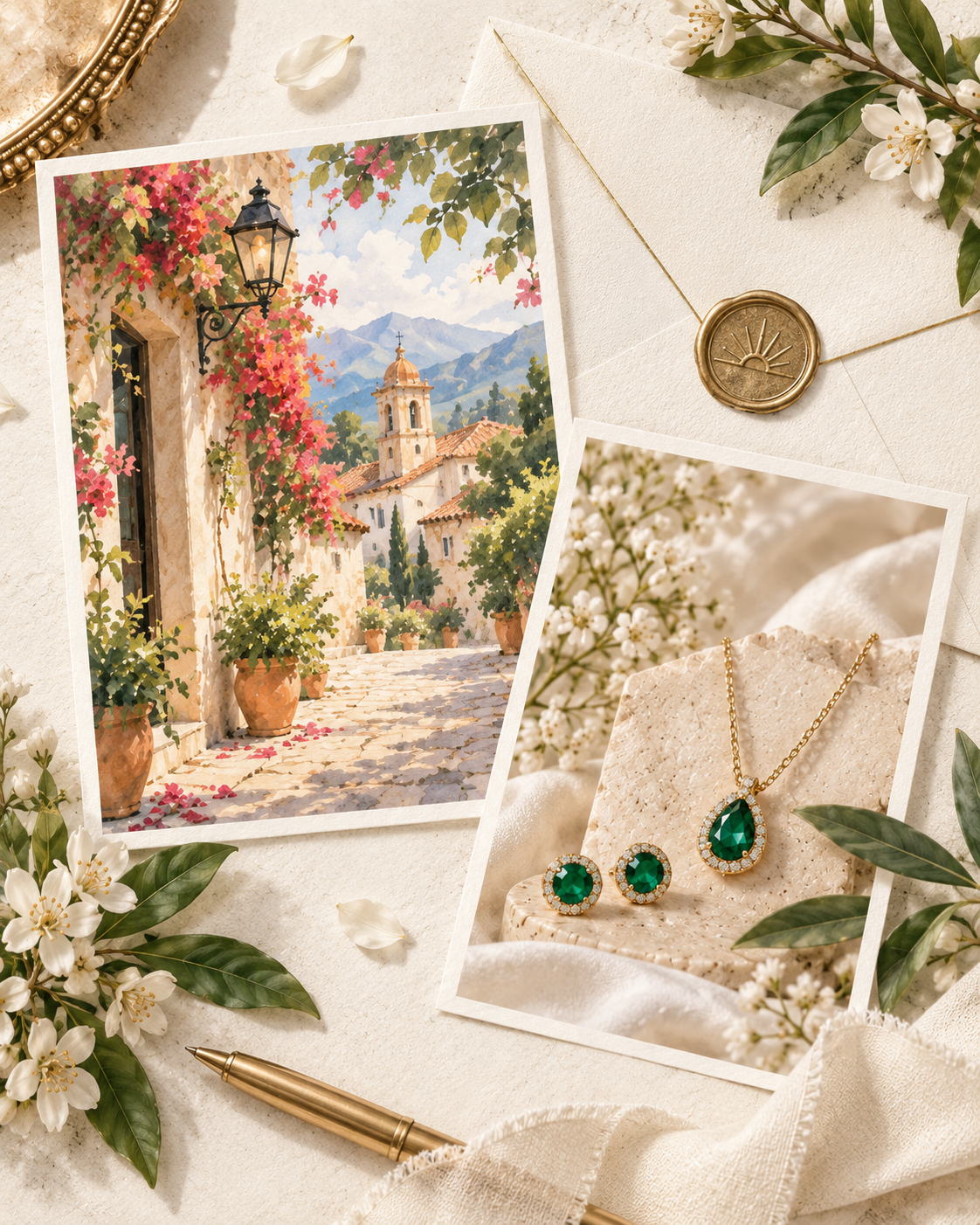 A collection of decorative items including a printed photo of a picturesque European street with an archway, potted plants, and mountain scenery, along with a photo of green gemstone jewelry featuring a necklace and earrings, an elegant white envelope sealed with a gold wax stamp, surrounded by white flowers, green leaves, a gold pen, and a cream-colored fabric background.