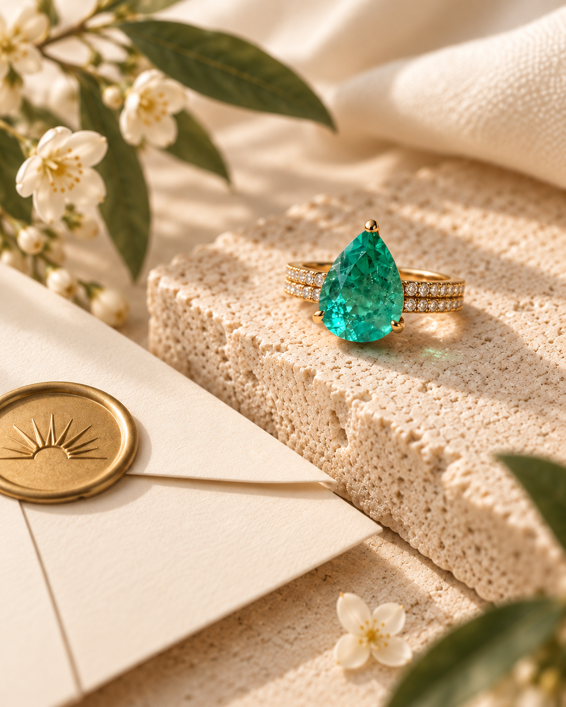 A gold ring with a large, teardrop-shaped green gemstone, surrounded by small diamonds, placed on a textured beige surface with white flowers and a cream-colored envelope with a gold wax seal nearby.
