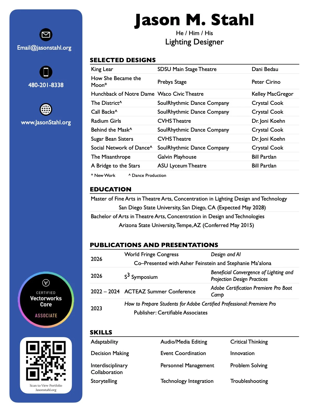 A professional resume for Jason M. Stahl, a lighting designer. It includes contact information, selected design projects, education background, publications, skills, and a QR code linking to his portfolio.
