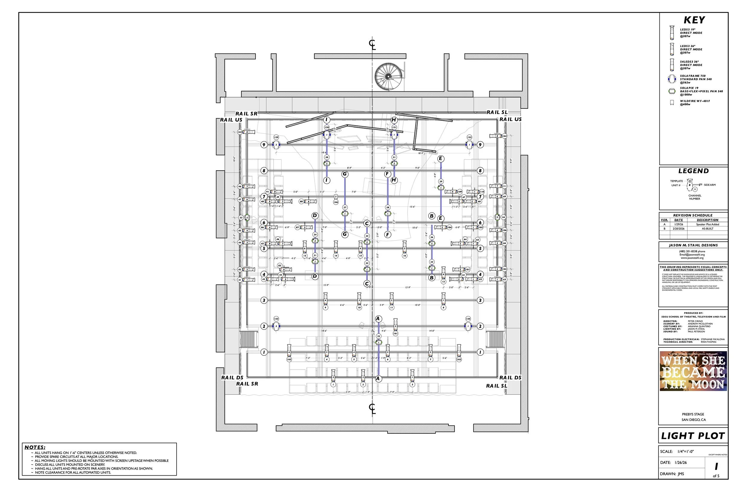 Detailed theatrical lighting plot showing stage layout, lighting fixtures, rail positions, equipment key, legends, notes, and title block for “When She Became the Moon.”