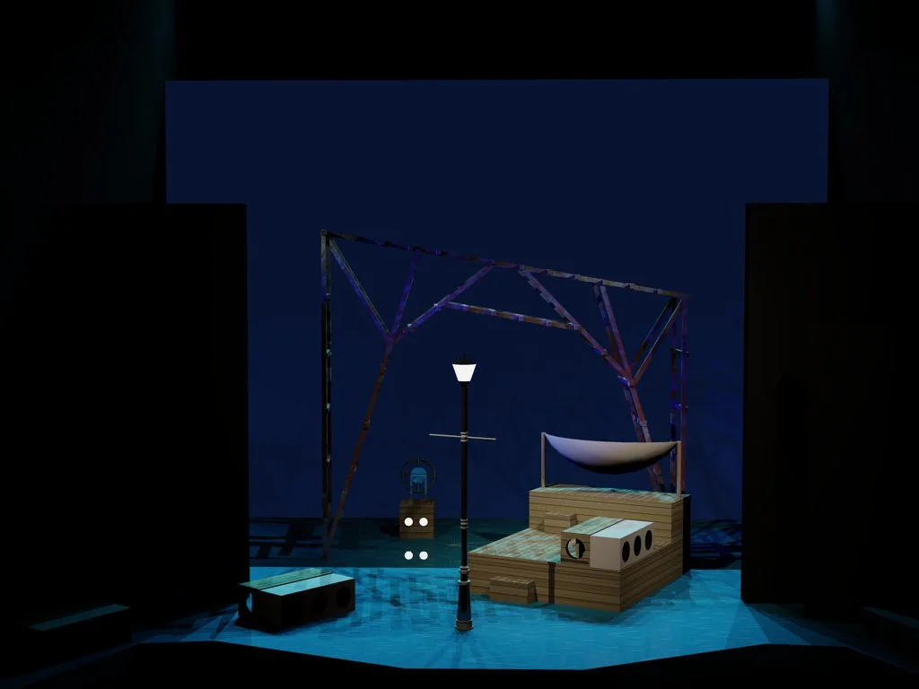 Dark theatrical stage set with a wooden platform, suspended fabric canopy, spotlight, and blue-lit floor