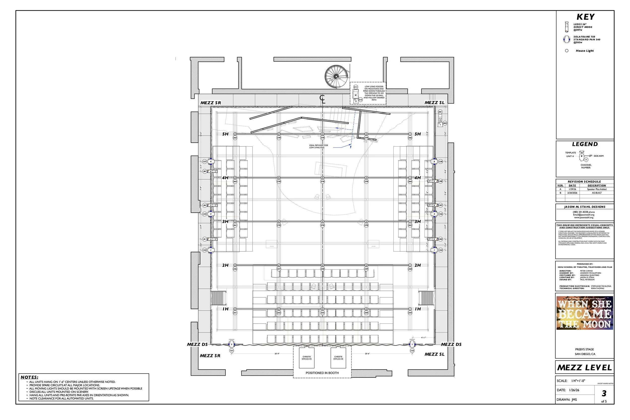 Mezzanine Plate for When She Became the Moon using Broadway standards of drafting for Lighting Design
