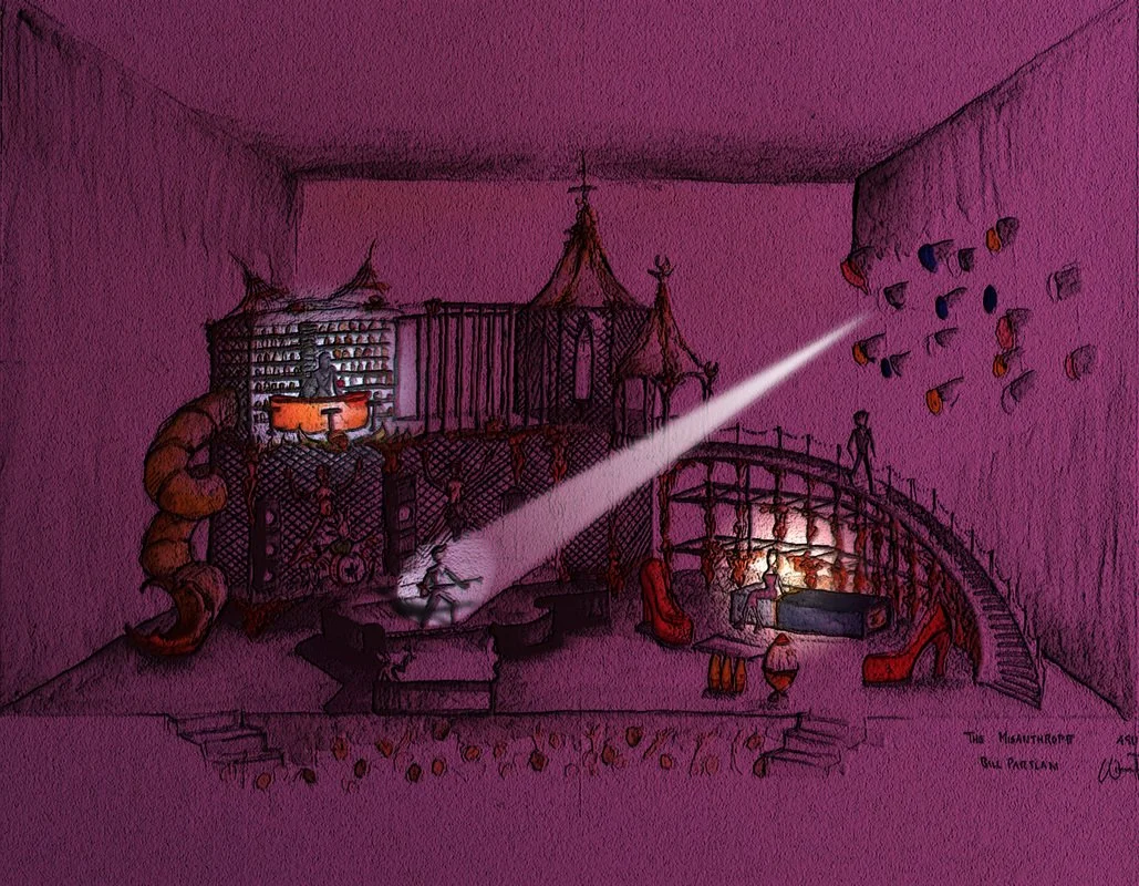 Sketch of a theatrical stage set titled “The Misanthrope,” featuring a tavern, castle-like architecture, staircase, seated figures, and a spotlight.