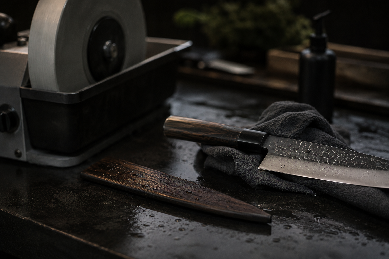 Verg. van een keukenmes met een donker houten handvat, een stuk hout en een slijpmachine op een werkbank