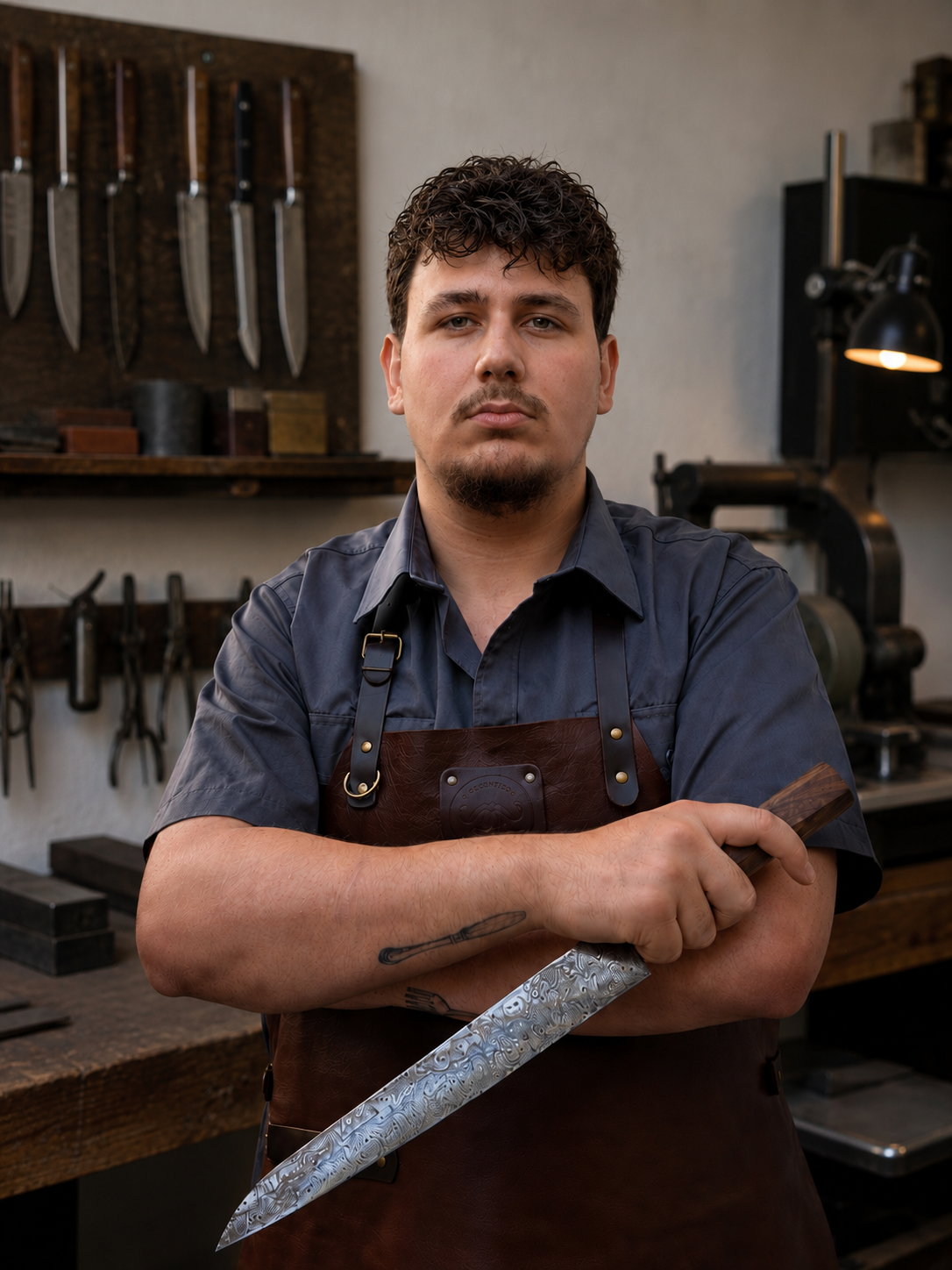 Portret van een jonge man in een smederij of werkplaats, hij houdt een kamascha het in zijn handen en kijkt serieus naar de camera.