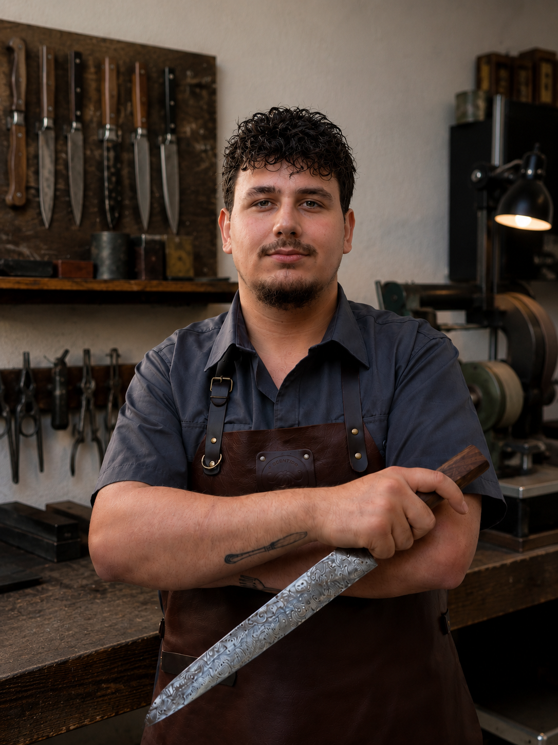 Een man met donkere, krullende haar en een baard, die een metalen kaasschaaf vasthoudt, staat in een werkplaats met gereedschap aan de muur en machines op de achtergrond.