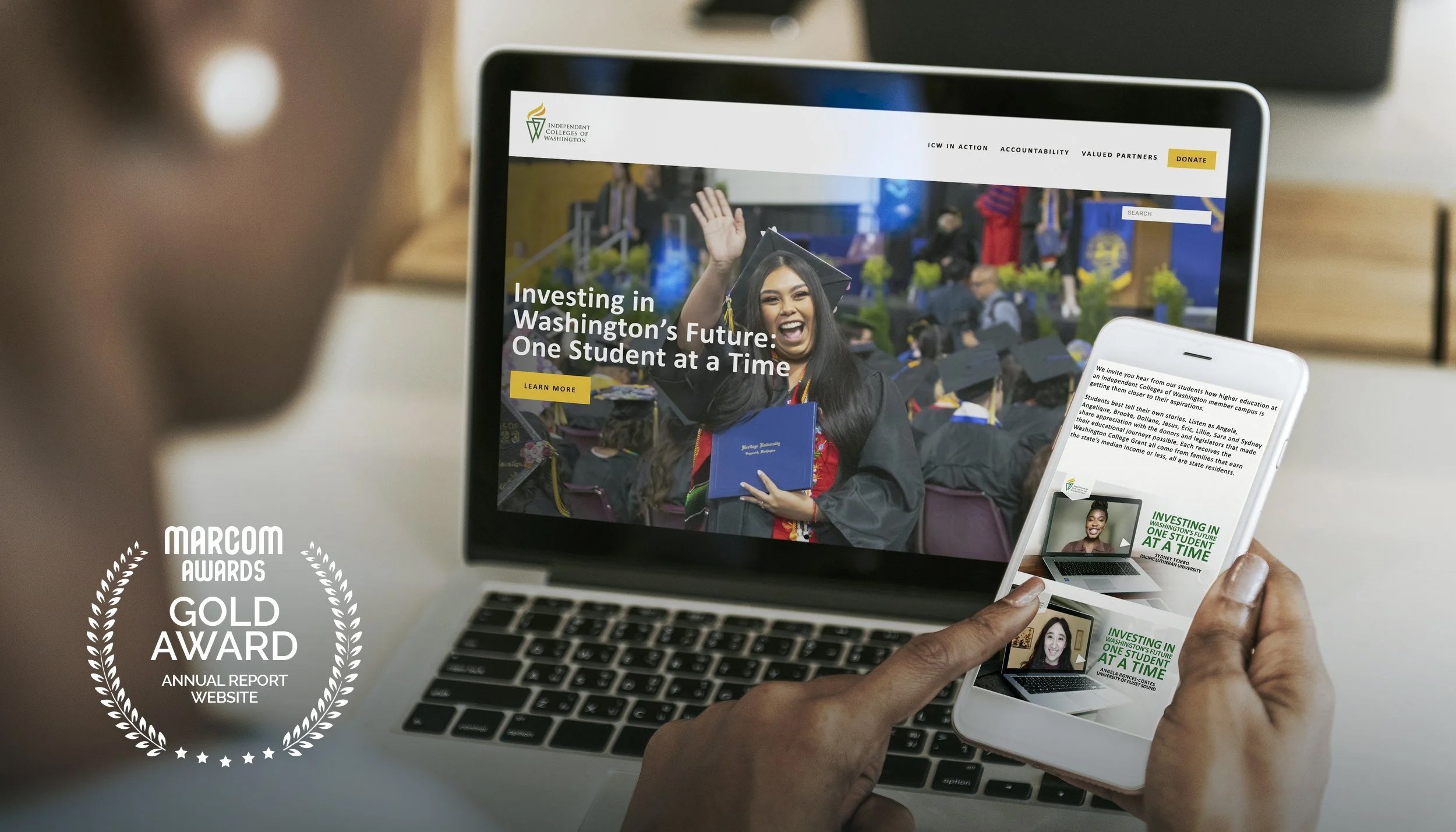 A person holding a smartphone displays a webpage titled 'Investing in Washington's Future: One Student at a Time' with an image of a graduating student at a ceremony. The same webpage is open on a laptop screen, showing the same graduation image and 
